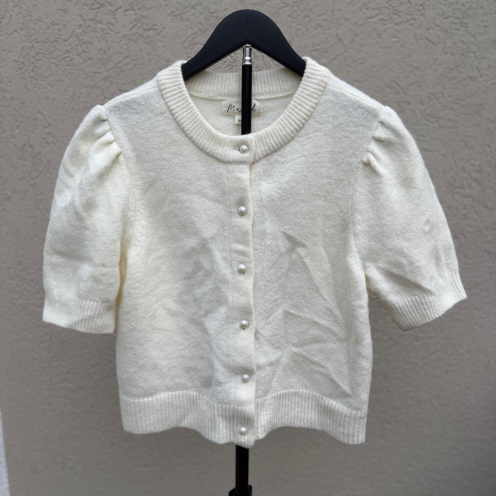 Marled Cream Short Sleeve Pearl Button Puff Shoulder Cardigan Sweater Medium